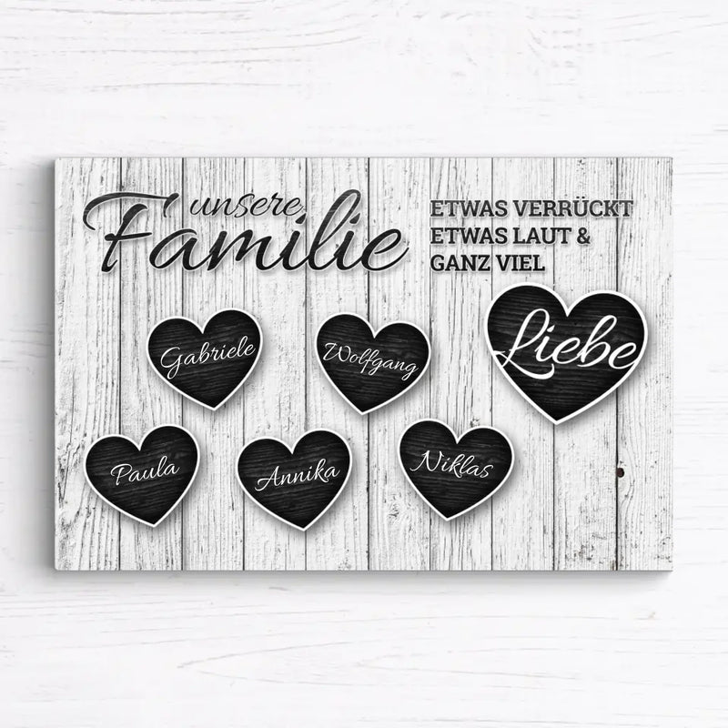 Personalisierte Familien-Leinwand – Herzen mit euren Namen