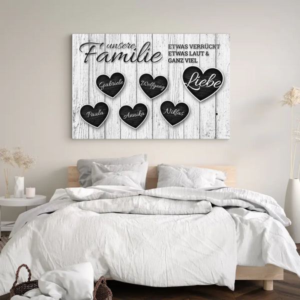 Personalisierte Familien-Leinwand – Herzen mit euren Namen