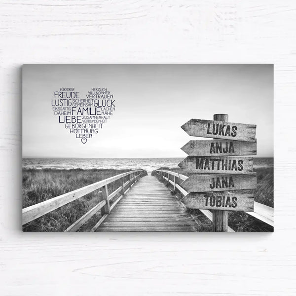 Personalisierte Familien-Leinwand “Strandweg” – Schwarz/Weiß
