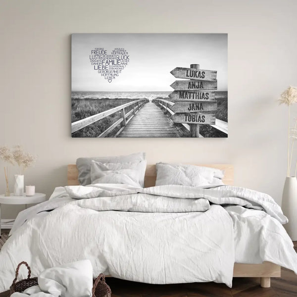 Personalisierte Familien-Leinwand “Strandweg” – Schwarz/Weiß