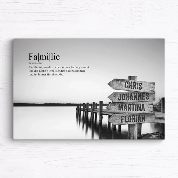 Personalisierte Familien-Leinwand “Steg” – Schwarz/Weiß