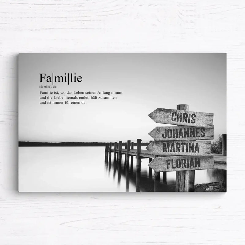 Personalisierte Familien-Leinwand “Steg” – Schwarz/Weiß